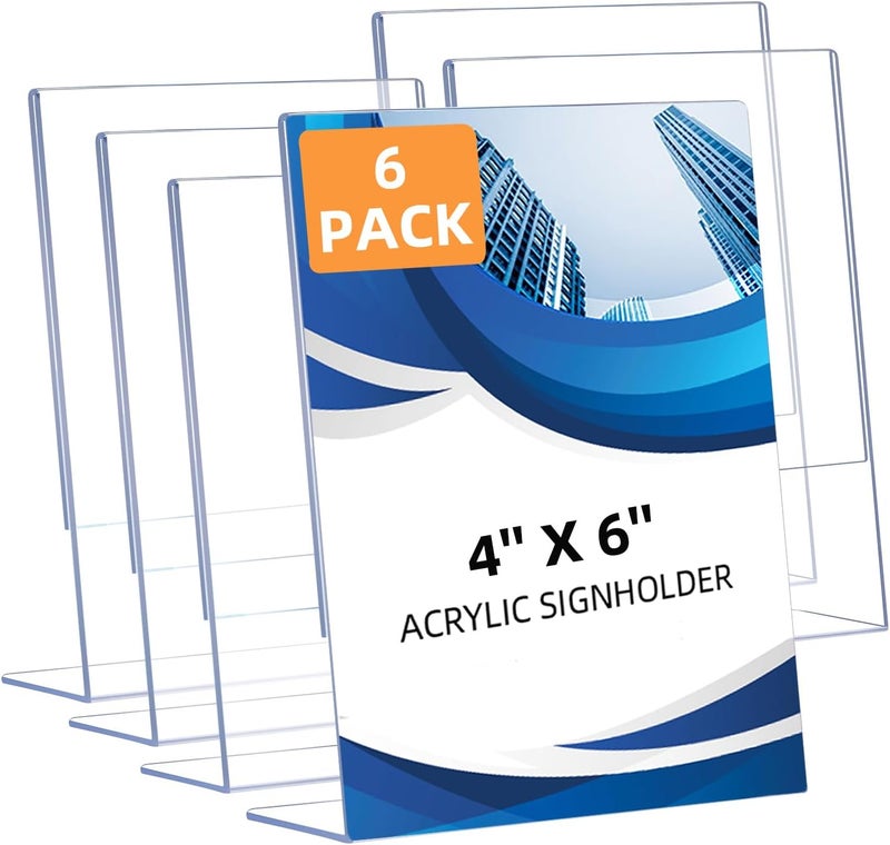 DECOHOBO 6 Pack Slanted Back Acrylic Sign Holders 4x6 for Business & Store, Tabletop Vertical Sign Holder with Anti-Slip Pads Clear Display Stand, for Menus Flyers Documents Office Restaurants Party Decoration - Image 1